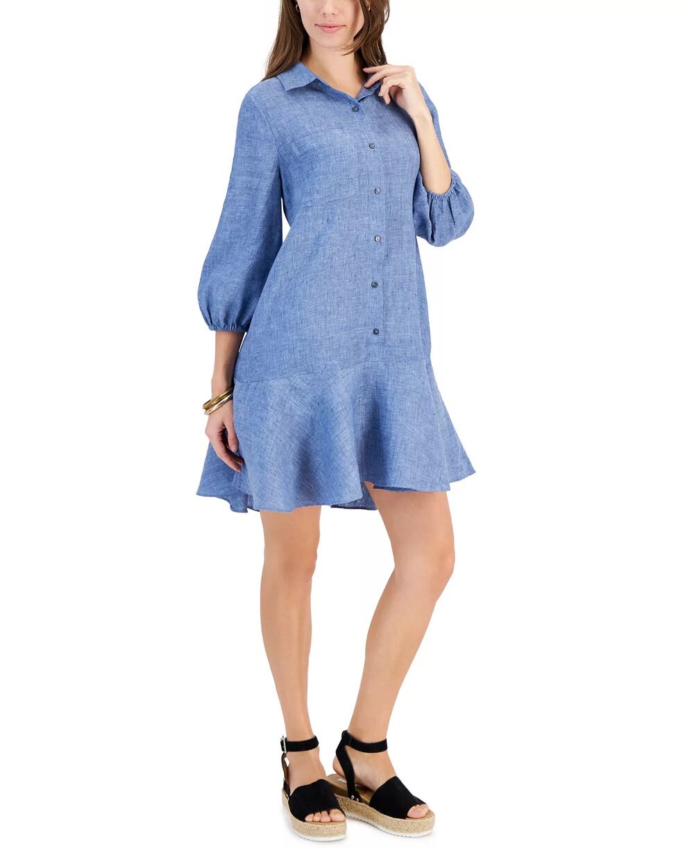 NEW Charter Club Shirt Dress Blue 100% Linen Chambray Ruffle Long Sleeve Size L